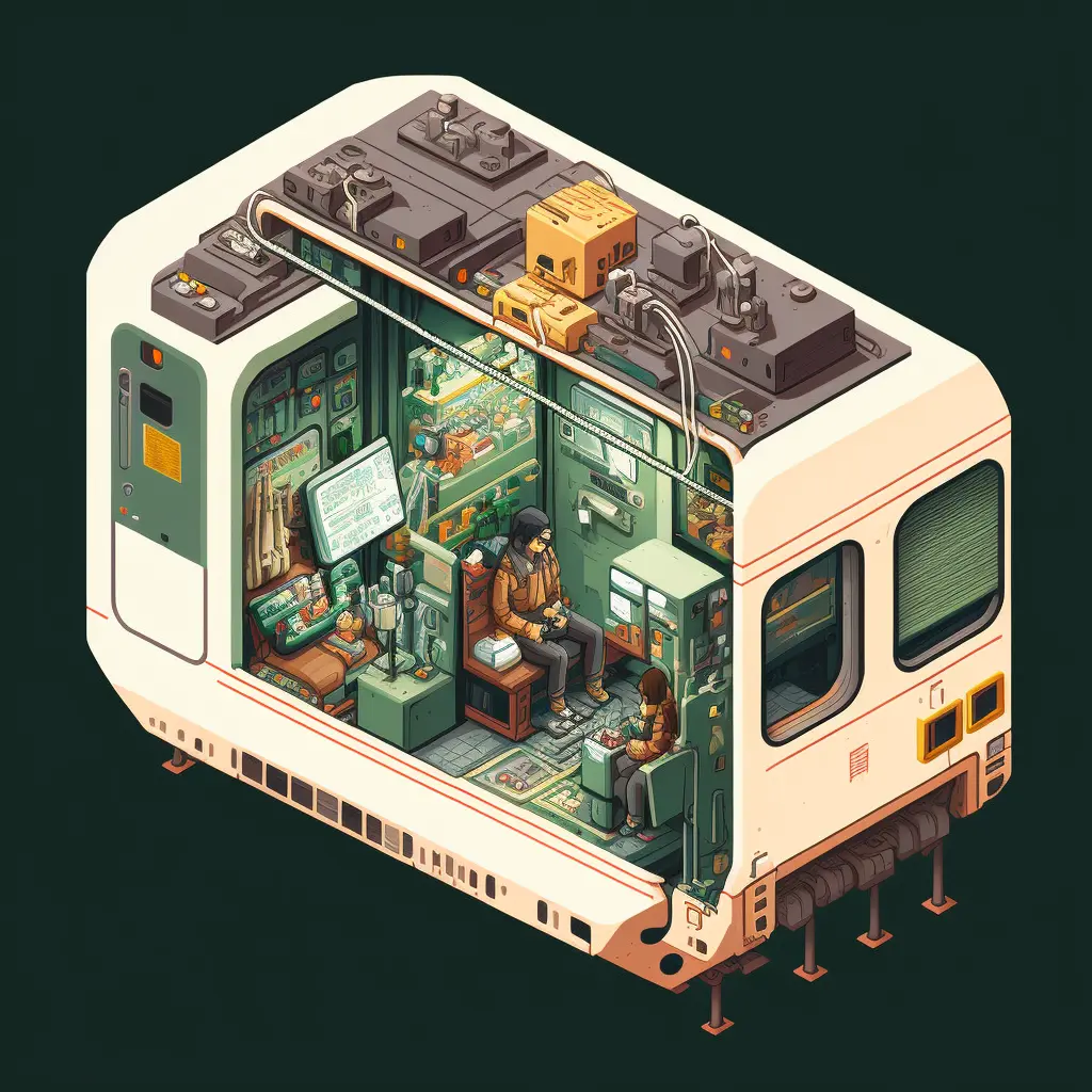 Isometric clean pixel art image of inside of a subway car